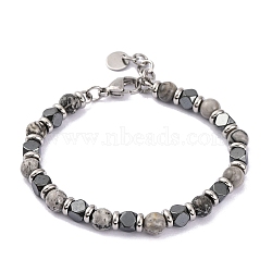 Natural Map Stone & Magnetic Synthetic Hematite Round Beaded Bracelet, 8-1/4 inch(21cm)(X-BJEW-P339-02P-02)