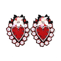 Sacred Heart with Flower Pattern Polyester Fabric Computerized Embroidery Cloth Iron on/Sew on Patches, Glass Seed Beaded Appliques, Costume Accessories, Red, 131x99x5.5mm(PATC-WH0010-17)