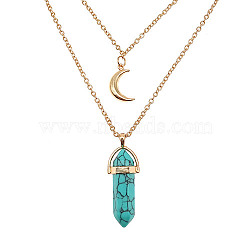 Natural Turquoise Cone Pendant Double Layer Necklace, with Moon Charms, 19.69 inch(50cm)(UX9990-31)
