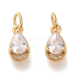 Brass Micro Pave Clear Cubic Zirconia Charms, with Jump Rings, Long-Lasting Plated, Real 18K Gold Plated, Teardrop, Clear, 10.5x5.5x3.5mm, Hole: 3.4mm(KK-F820-15C-G)