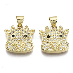 Brass Micro Pave Cubic Zirconia Pendants, Cattle, Nickel Free, Real 16K Gold Plated, 16x16x3.5mm, Hole: 3.5x4.5mm(ZIRC-T013-10G-NF)