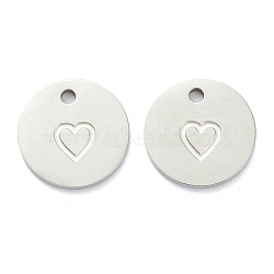 Non-Tarnish 304 Stainless Steel Charms, Flat Round with Heart, Stainless Steel Color, 11.5x1mm, Hole: 1.5mm(STAS-P280-07P)