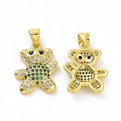 Brass Micro Pave Clear Cubic Zirconia Pendants, Bear, Green, 19x14x3mm, Hole: 3.5x5mm(ZIRC-F135-28G-01)