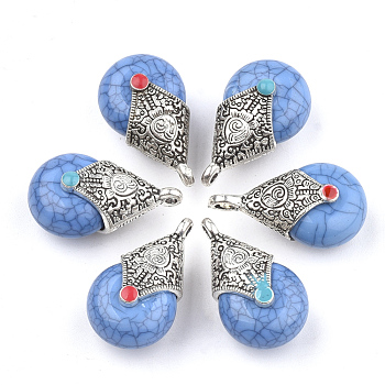 Tibetan Style Resin Pendants, with Alloy & Enamel, teardrop, Antique Silver, Cornflower Blue, 28x16x14mm, Hole: 2~3.5mm