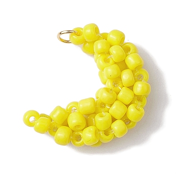 Japanese Seed Beads Beaded Charms, Moon Pendants, with Jump Rings, Yellow, 22x17x6.5mm, Hole: 2.8mm