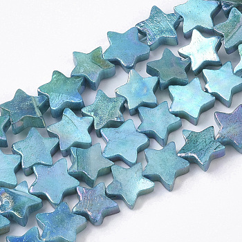 Freshwater Shell Beads Strands, AB Color Plated, Dyed, Star, Dark Turquoise, 8~9x9x2~3mm, Hole: 0.8mm, about 55~59pcs/Strand, 15.89 inch(40.36cm) 