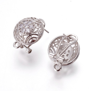 Brass Micro Pave Cubic Zirconia Stud Earring Findings, with Loop, Half Round, Platinum, 18.5x15x13mm, Hole: 2mm, Pin: 0.7mm