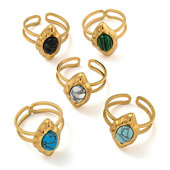 Ion Plating(IP) 304 Stainless Steel Open Cuff Rings, Synthetic Malachite & Turquoise Oval Finger Rings for Women Men, Real 18K Gold Plated, Adjustable