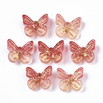 Two Tone Transparent Spray Painted Glass Charms, with Golden Foil, Butterfly, Orange Red, 7x11x3mm, Hole: 1.2mm