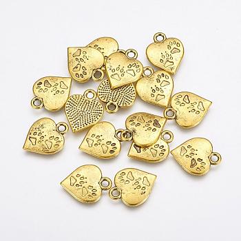 Tibetan Style Alloy Pendants, Lead Free & Cadmium Free, Heart with Paw Print, Antique Golden, 17x13x2mm, Hole: 3mm