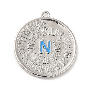 Rack Plating Brass Enamel Pendant, Lead Free & Cadmium Free, Long-Lasting Plated, Flat Round with Letter N Charm, Platinum, 22x20x1.5mm, Hole: 1.2mm