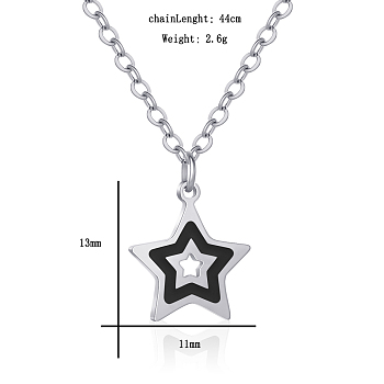 Stainless Steel Black Enamel Star Pendant Necklaces, Everyday Fashion, Stainless Steel Color, 1.73 inch(4.4cm)