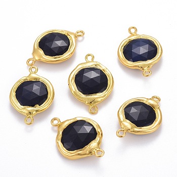 Natural Black Agate Links connectors, Faceted, Dyed, Covered with Brass, Golden Plated, Flat Round, 20x30x6mm, Hole: 1.8mm