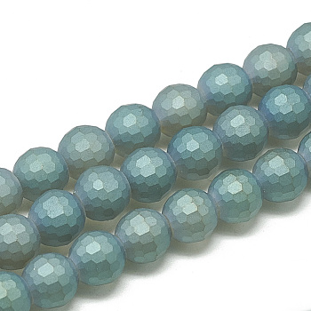 Electroplate Glass Beads Strands, Frosted Style, Faceted(96 Facets) Round, Cadet Blue, 10x9mm, Hole: 1.5mm, about 70pcs/strand, 25.2 inch