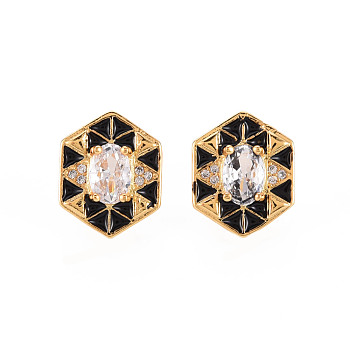Brass Micro Pave Clear Cubic Zirconia Stud Earrings, with Enamel and Ear Nuts, Hexagon, Cadmium Free & Nickel Free & Lead Free, Real 16K Gold Plated, Black, 15x12mm, Pin: 0.8mm
