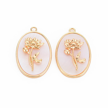 Brass Birth Floral Pendants, Oval with Flower Mother of Pearl White Shell Charms, Nickel Free, Real 18K Gold Plated, January Carnation, 27x18x4mm, Hole: 1.8mm