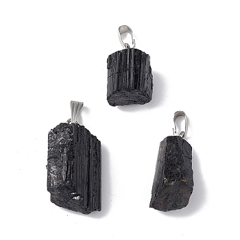 Natural Black Tourmaline Pendants, Nuggets Charms with Stainless Steel Color Plated 201 Stainless Steel Snap on Bails, 20~33x10~24x9.5~12mm, Hole: 3.5x7.5mm