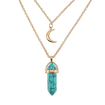 Natural Turquoise Cone Pendant Double Layer Necklace, with Moon Charms, 19.69 inch(50cm)