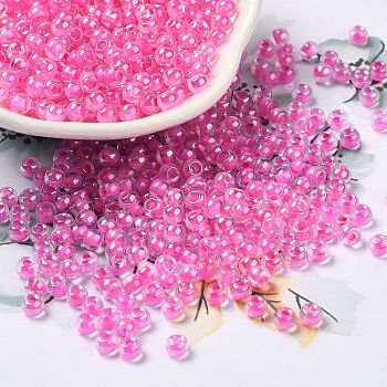 Glass Seed Beads, Inside Colours Lustered, Round, Hot Pink, 4x3mm, Hole: 1.4mm, about 7650pcs/pound
