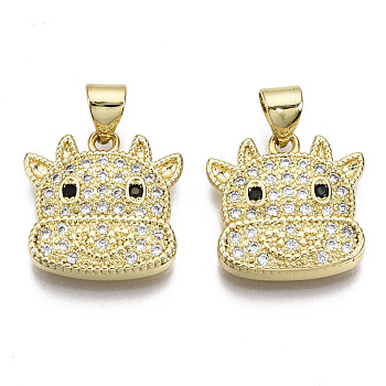 Brass Micro Pave Cubic Zirconia Pendants, Cattle, Nickel Free, Real 16K Gold Plated, 16x16x3.5mm, Hole: 3.5x4.5mm