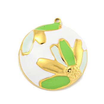 Ion Plating(IP) 304 Stainless Steel Pendants, with Enamel, Real 18K Gold Plated, Half Round with Flower Charm, Light Green, 26.5x24x5.5mm, Hole: 1.5mm