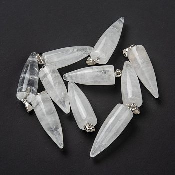 Natural Quartz Crystal Pendants, Rock Crystal Pendants, with Platinum Brass Findings, Bullet, 32~35x10~11mm, Hole: 7X3mm