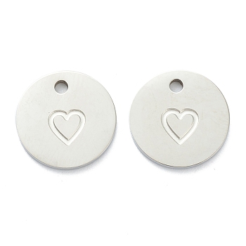 304 Stainless Steel Charms, Flat Round with Heart, Stainless Steel Color, 11.5x1mm, Hole: 1.5mm