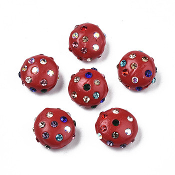 Polymer Clay Rhinestone Beads, Pave Disco Ball Beads, Flat Round, Red, 11~12x7mm, Hole: 1.4mm, Rhinestone: pp15(2.1~2.2mm)
