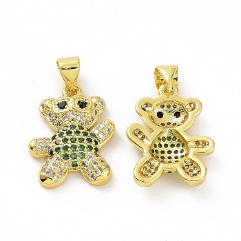 Brass Micro Pave Clear Cubic Zirconia Pendants, Bear, Green, 19x14x3mm, Hole: 3.5x5mm