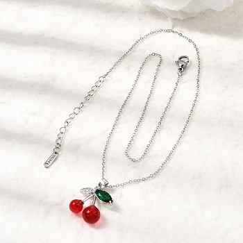 Brass Micro Pave Clear Cubic Zirconia & Resin Red Cherry Pendant 304 Stainless Steel Cable Chain Necklaces for Women, Platinum & Stainless Steel Color, 15.94 inch(40.5cm)