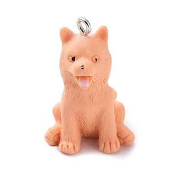 Opaque Resin Dog Pendants, 3D Puppy Charms with Platinum Plated Iron Loops, Light Salmon, 30x19x20mm, Hole: 2mm