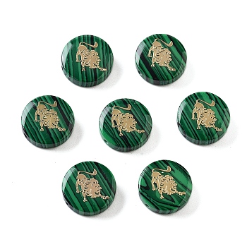 Synthetic Malachite Beads, with Golden Tone Brass Slices, Flat Round with Constellations, Leo, 15x4mm, Hole: 1mm