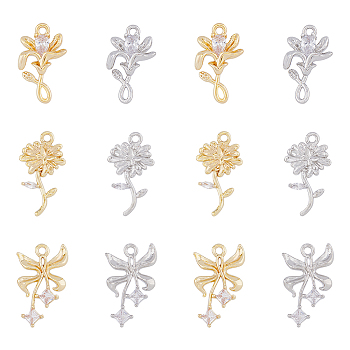 12Pcs 6 Styles Brass Micro Pave Cubic Zirconia Pendants, Flower Charm, Mixed Color, 16~17.5x10~12.5x2.3~3mm, Hole: 1.2~1.4mm, 2pcs/style