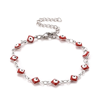 Enamel Rhombus with Evil Eye Link Chains Bracelet, 304 Stainless Steel Jewelry for Women, Stainless Steel Color, Red, 6-5/8 inch(16.8cm)