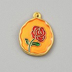 Alloy Enamel Pendants, Oval with Flower, Golden, Orange, 21x16x2mm, Hole: 1.5mm(FIND-WH20032-61B)