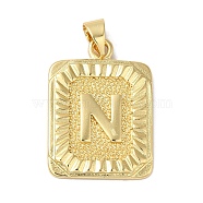 Rack Plating Brass Pendants, Long-Lasting Plated, Lead Free & Cadmium Free, Square with Letter Charms, Letter N, 24x17x2.5mm, Hole: 4x3.5mm(KK-B092-42G-N)