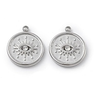 304 Stainless Steel Rhinestone Pendants, Flat Round Evil Eye, Stainless Steel Color, 15.5x13x2.5mm, Hole: 1.5mm(STAS-Z121-52P)