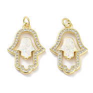Brass Micro Pave Clear Cubic Zirconia Pendants, with Synthetic Opal and Jump Rings, Real 18K Gold Plated, Hamsa Hand Charms, White, 24x17x3mm, Hole: 3mm(KK-L213-039G-03)