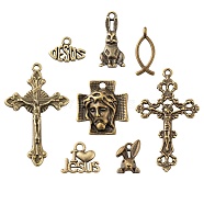 80Pcs 8 Style Easter Themed Tibetan Style Alloy Pendants, Rabbit & Jesus Fish & Heart & Name Jesus & Cross, Antique Bronze, 11~43x8~26x2~7mm, Hole: 1.5~2mm, 10pcs/style(X1-FIND-LS0001-48)
