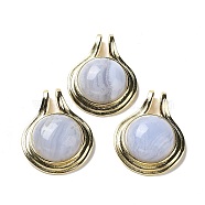 Natural Blue Lace Agate Pendants, Rack Plating Golden Plated Brass Half Round Charms, Cadmium Free & Lead Free, 28x22.5x10mm, Hole: 2x4mm(G-M405-06G-07)