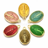 Brass Enamel Pendants, Long-Lasting Plated, Oval with Saint, Golden, Mixed Color, 19.5x12x2mm, Hole: 1.5mm(KK-S345-179)