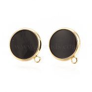 Brass Stud Earring Findings, with Enamel and Loop, Flat Round, Nickel Free, Real 18K Gold Plated, Black, 16.5x14mm, Hole: 1.5mm, Pin: 0.7mm(X-KK-S345-270A-G)
