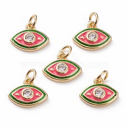 Brass Micro Pave Clear Cubic Zirconia Charms, with Enamel & Jump Rings, Eye, Real 18K Gold Plated, Lime Green, 10x12x3mm, Jump Ring: 5x1mm, 3mm Inner Diameter(KK-C100-15G-C01)