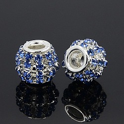 Brass Rhinestone European Beads, Large Hole Beads, Rondelle, Silver Color Plated, Light Sapphire, 12x10mm, Hole: 4mm(RB-I066-04S)