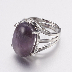 Natural Amethyst Wide Band Finger Rings, with Alloy Ring Findings, Oval, 18mm(X-RJEW-K224-A20)