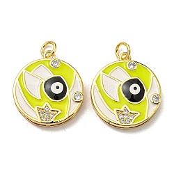 Real 18K Gold Plated Brass Pendants, with Cubic Zirconia and Enamel, Flat Round with Evil Eye Charms, Green Yellow, 21x18.5x4mm, Hole: 3.5mm(KK-L209-009G-01)