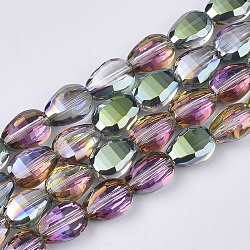 Translucent Electroplate Glass Beads Strands, Half Plated, Faceted, Teardrop, Lime Green, 8.5x6x3.5mm, Hole: 1mm, about 80pcs/Strand, 26.38 inch(67cm)(EGLA-T020-03A)
