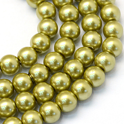 Baking Painted Pearlized Glass Pearl Round Bead Strands, Olive, 8~9mm, Hole: 1mm, about 105pcs/strand, 31.4 inch(X-HY-Q330-8mm-43)