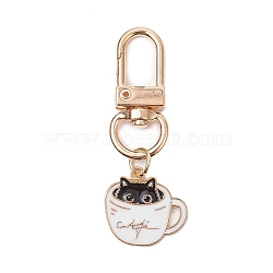 Cup with Cat Alloy Enamel Pendant Decorations, Alloy Swivel Clasps Charms for Bag Ornaments, White, 54mm, Cat: 19x20mm(HJEW-JM01982)