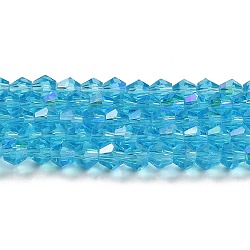 Transparent Electroplate Glass Beads Strands, AB Color Plated, Faceted, Bicone, Deep Sky Blue, 6x6mm, Hole: 1mm, about 45~47pcs/strand, 9.65~9.84 inch(24.5~25cm)(EGLA-A039-T6mm-L19)